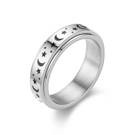 Spinner Rings for Women Mens, Stainless Steel Bands Rings for Anxiety,Stress Relief Rings,Silent Stress Reducer Rings Star Moon Ring (Silver, 8)