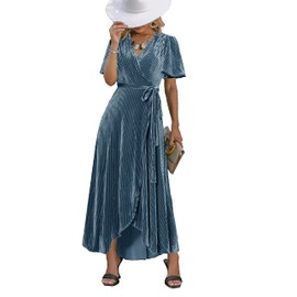 BerryGo Women's Prom Formal Velvet Wrap Dress V Neck Cocktail Short Sleeve Winter Long Maxi Dress Light Blue S