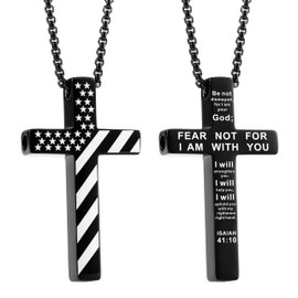 FUNPAR American Flag Cross Breathing Necklace, Stainless Steel Patriotic Jewelry, Inspirational Bible Verse Cross Necklace, Anxiety Relief Items for Men Christian Gift(Black 41:10)