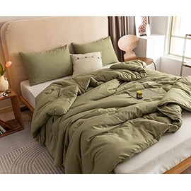 ROSGONIA Olive Green Comforter Set Queen- 3pcs (1 Comforter & 2 Pillowcases) Simple Style Solid Color Queen Comforter Set for Women and Men- Reversible Soft Warm Microfiber Comforter for All Season