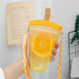 YEJAHY Cute Water Bottles with Straws, Leakproof Ice Lolly Kettle 300ml Adjustable Shoulder Strap for Kids Girls Women Outdoor Camping Sports Travel (A)