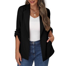 PrinStory Blazer Women's Office Long Blazer Adjustable Sleeves Lapel Blazer Sporty Elegant Jacket, black