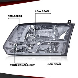 CHEDA Headlights Assembly Compatible with 09-12 Dodge Ram 1500 2500 3500 Headlamps (Smoky lens Chrome Housing Clear Reflector) Only for Quad Models Not Fit Non Projector Model Faros Conjunto De Faros