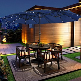 Yaheetech 15 ft Large Patio Umbrella with Solar Lights Double-Sided Outdoor Rectangle Market Umbrellas with 36 LED Lights/Base Included/Crank for Patio Garden Yard Pool, Navy Blue