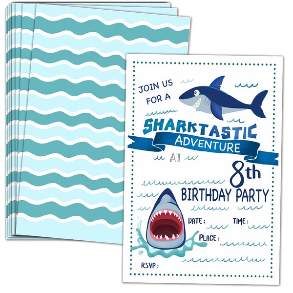 ukebobo 8th Birthday Party Invitations with Envelopes – Shark Birthday Party Invitations, Shark Party Decorations– 20 Cards With Envelopes（sy-08）