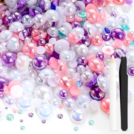 100g Mix Flatback Pearls and Rhinestones for Crafting,Violet Pink 3-10mm Resin Rhinestones and Half Pearls for Bedazzling, Nail Art Face Makeup Craft DIY Decoration