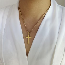 Simple Cross Pendant Necklace Stainless Steel Gold Tone for Men Women, 22" Chain