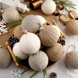 Syhood 12 Pcs Rustic Christmas Ball 3.15 Inch Neutral Farmhouse Christmas Tree Ornaments Shatterproof Hanging Burlap Fabric Textured Ball for Xmas Tree Party Garlands Wreath Home Decor