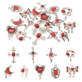 Cheriswelry 18pcs Cross Heart Moon Bowknot Metal Pendants Gothic Style Alloy Enamel Dangle Charms Rectangle Teeth Rhinestone Earring Charms 18~31mm for DIY Craft Necklace Jewelry Making