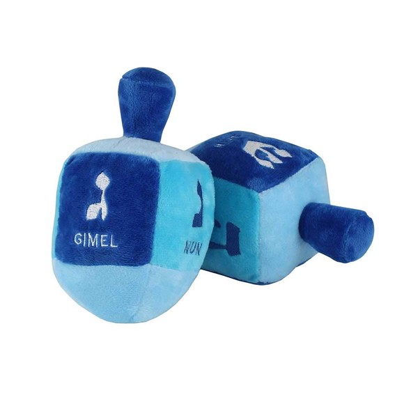 Aviv Judaica Stuffed Plush Dreidel with Rattle for Hanukkah - 6" x 3" Embroidered with The Hebrew Drydel Letters and English Transliteration My First Chanukah Gift