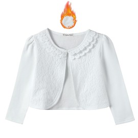 SMILING PINKER Girls Lace Cardigan Shrug Fall Winter Fleece Lining Bolero Long Sleeve Button Crop Top(White Fleece,6-7 Years)