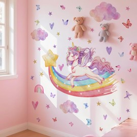 WandSticker4U® - Wall Sticker Unicorn Rainbow XXL (126 x 79 cm) I Wall Sticker Children's Room Girls Unicorn Rainbow Princess Fairy Stars I Wall Sticker Nursery Decoration Girls Baby Room Large