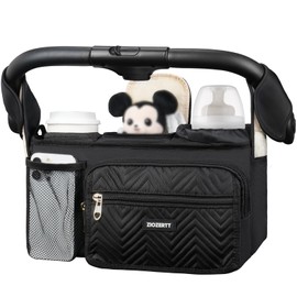 ZIOZERTT Universal Stroller Organizer with Insulated Cup Holder,Stroller Caddy Bag with Wet Wipes Pocket,Stroller Accessories Fits for Uppababy,Doona,Jogger,Britax,Mompush,BoB Strollers,Black