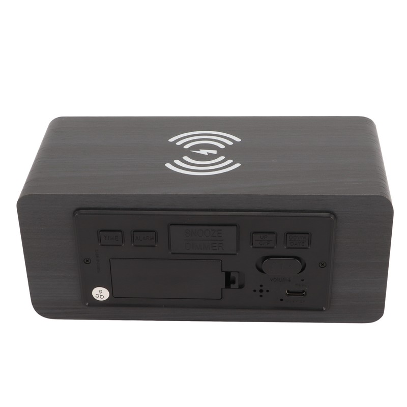Wooden Digital Alarm Clock with Wireless Charging Black Adjustable Brightness