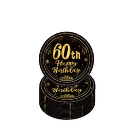 Happy 60th Birthday Paper Plates 7”Black and Gold,16Pcs Disposable Tableware Party Plates,Happy 60th Birthday Decorations Plates for Women,Men,Him,Her 60th Birthday Party Supplies Table Decorations
