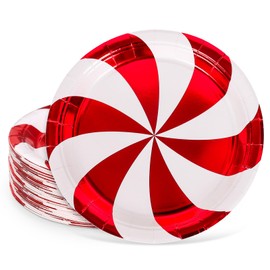 JarThenaAMCS 40Pcs Christmas Paper Plates Foil Red Candy Cane Stripe Disposable Plates 9 Inch Xmas Peppermint Party Tableware for Wedding Birthday Table Decor Supplies
