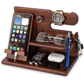 TESLYAR Wood Phone Docking Station for Men - Desk or Nightstand Organizer - Birthday Gifts for Husband or Dad - Anniversary Idea from Wife - Key Holder - Stand Wallet, Watch & Essentials (Chestnut)
