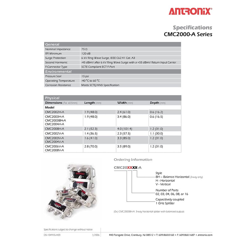 Antronix 4-Way Horizontal Splitter 1 GHz 5-1002 MHz MoCA Capable,