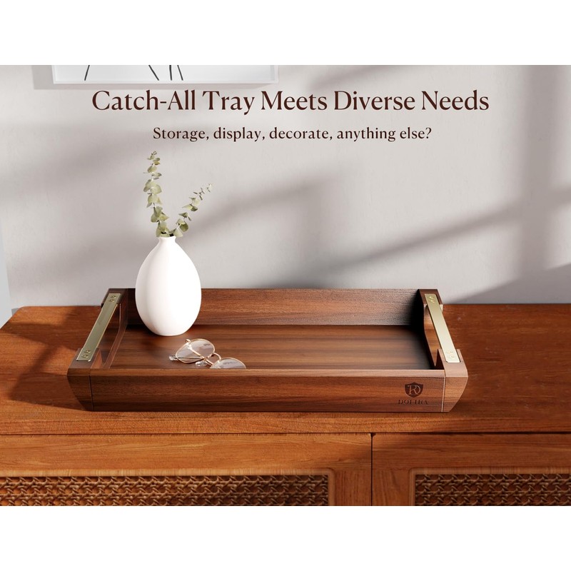 Dofira Acacia Wood Serving Tray with Metal Handles, 17x13in Large