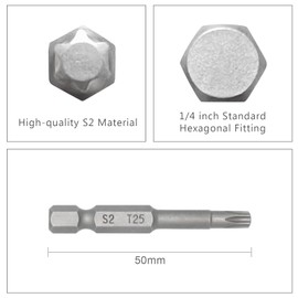 DAKCOS 10-Piece T25 Torx Bit Set, Premium S2 Alloy Steel 2-inch Long Screwdriver Insert Bits Hex Shank with Quick Release Slot