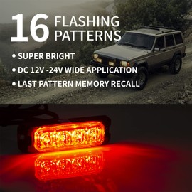 4-LED Strobe Light Red Waterproof Emergency Beacon Flash Lights,Purishion Caution Bar 16 Patterns Flashing Car SUV Pickup Truck Van Vehicle POV (2 Pack)(4LED Red)