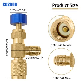 CD2060/CD2080 Refrigerant Charging Valve Kit - CD2060-1/4“ Male to 1/4” Female, CD2080-1/4" Male to 5/16" Female for R12 R22 R410 Air Conditioner Manifold