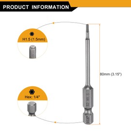 HARFINGTON 5pcs H1.5 Hex Head Drill Bit Wrench 1.5mm Metric Flat Tip 1/4" Hex Shank 80mm (3.15") Long Magnetic Hexagonal Screw Driver Socket Industrial Screwdriver Power Bits