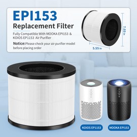EPI153 True HEPA Replacement Filter Compatible With MOOKA & KOIOS EPI153 EP1153 EPI-153 EP1-153 Air Puri fiers，4-Stage Filtration EPI153 HEPA Filter，2 Packs