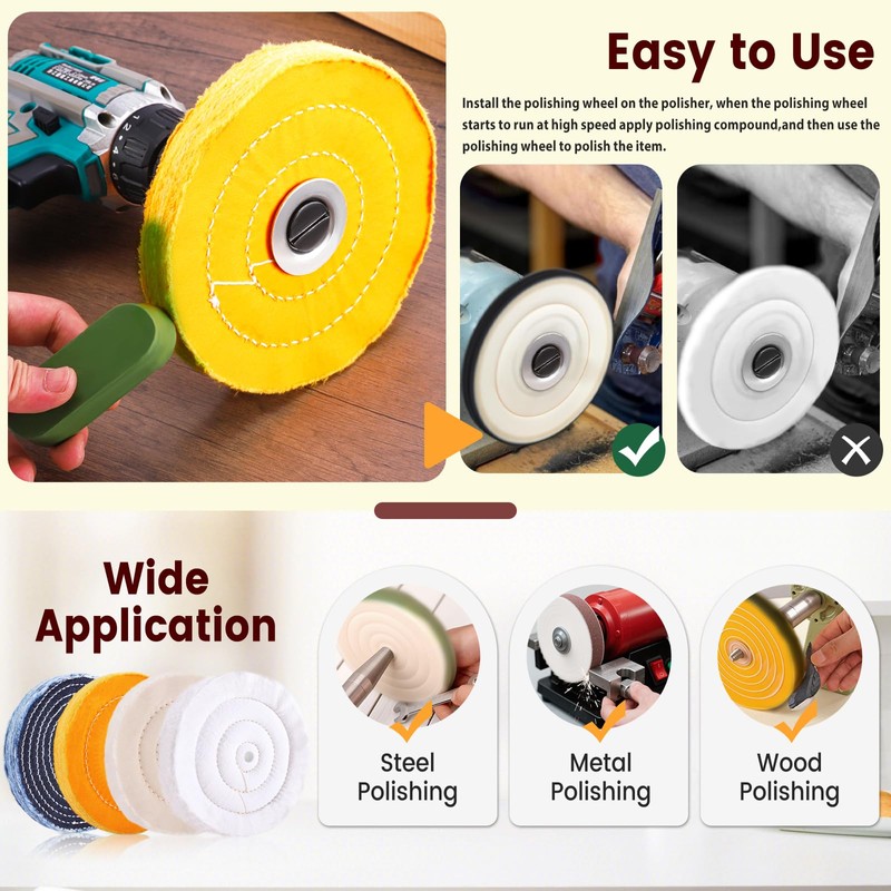 8PCS 6 Inch Buffing & Polishing Wheel Kit for Bench