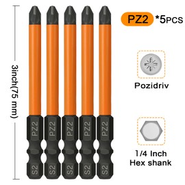 Hakkin PZ2 Impact Screwdriver Driver Bits Set 5Pcs 75mm Pozidriv POZI Heavy Duty 1/4” Hex Shank Pozidriv Drive Bit Cross Screw Driver Power Drill Bit Compatible with Dewalt Milwaukee Bosh