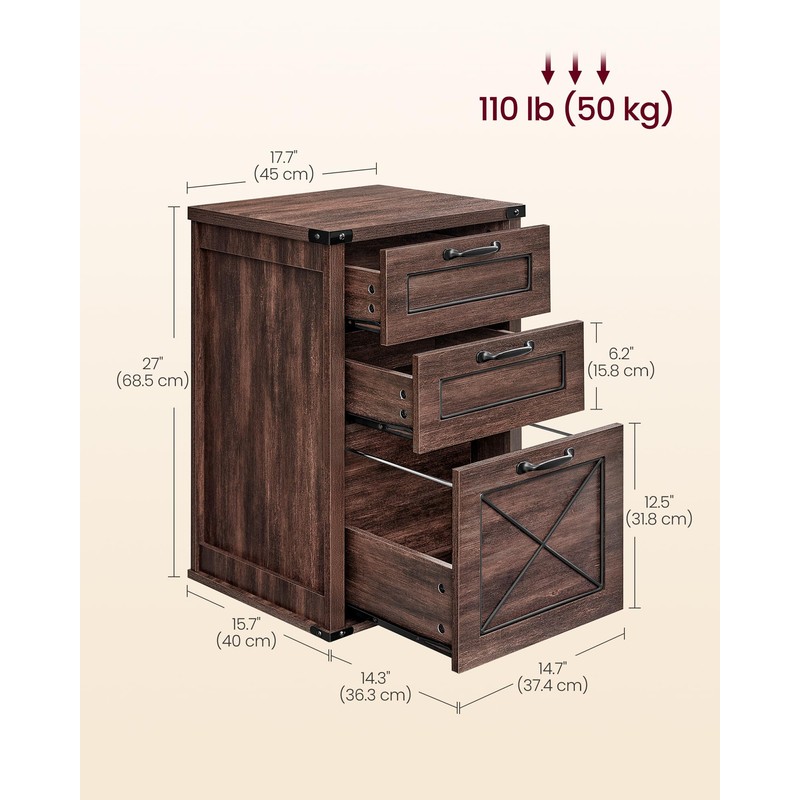 VASAGLE File Cabinet, Filing Cabinet with 3 Drawers, Printer Stand,