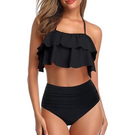 Tempt Me Traje de baño de dos piezas para mujer, bikini de cintura alta, con volantes y control de abdomen, Negro -, XS