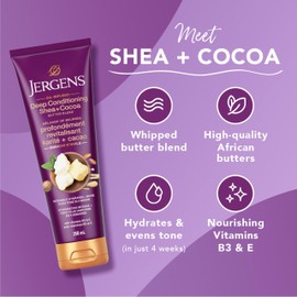 Jergens Deep Conditioning Shea + Cocoa Butter Blend, Shea + Cocoa | body butter, deep hydration body lotion |with Vitamin B3 for a more even skin tone | 24 hours of moisture with Vitamin E | 250 mL