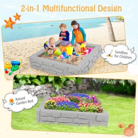 HONEY JOY Sandbox with Cover, 47x47 Inch Square Sand Pit for Backyard, Bottom Drainage Oxford Liner, HDPE Playful All Weather Resistant Sand Boxes for Kids Outdoor with Lid (Gray)
