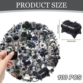 Kinretixia Pack of 100 Gothic Stickers with Black Roses, Transparent Waterproof Vintage Scrapbook Stickers for Diaries, Gothic Decor, Planner, Dark Aesthetic with Flowers