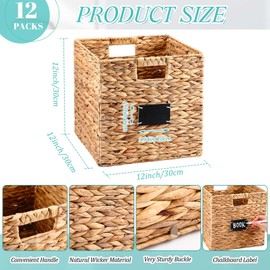 Jinei 12 Pcs Wicker Storage Basket Bulk Handwoven Water Hyacinth Cube Bin with Handles Woven Laundry for Organizer Shelves(12 x 12 x 12 Inch,Wood Color, Black)
