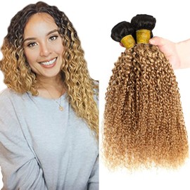 1B27 Kinky Curly Human Hair Bundles Ombre Blonde Bundle Brazilian Remy Human Hair Bundles Hair Weaves Double Weft Honey Blonde Hair Bundles For Women 12 14 16 Inch