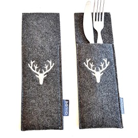 GILDE Felt Cutlery Set for 2 People Dark Grey with Stag Head Modern Felt Cutlery Holder with Stag Motif