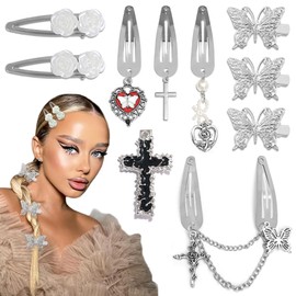 Arocooy Punk Hair Clips Y2K Silver Barrettes 10PCS Butterfly Pendant Metal Snap Clips 7 Shapes Black Cross Alligator Clips Baroque Flower Hair Accessories for Women and Girls