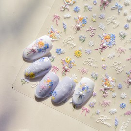 Flower Nail Art Stickers 5D Embossed Floral Nail Decals Spring Field Bouquet Nail Stickers Cute Summer Nail Art Supplies with Pearl Self-Adhesive Bow Flowers Nail Decoration Accessories for Women