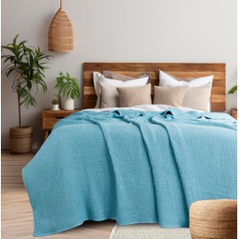 AAVNI HOMES 100% Cotton Blankets King Size - Waffle Weave Blanket, Lightweight & Breathable - Suitable for Spring & Summer, (Blue - 90x108 Inches)