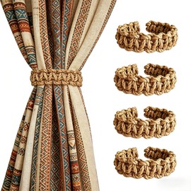 CXY 4 Pack Linen Brown Curtain Tiebacks No Drilling Decorative Curtain Holdbacks, Curtain Ties for Indoor Outdoor Drapes Car Shades Tent Net Boho Home Window Decor