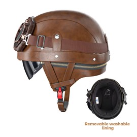 German Style Motorcycle Helmet - DOT Approved Vintage Leather Novelty Half Helmets for Motorcycle with Goggles/Visor, Removable Lining/Earmuffs, for Cruiser Scooter Chopper Moped, for Adults Men Women