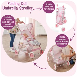 Badger Basket Folding Doll Umbrella Stroller for Dolls Up to 18 Inches - Lightweight, Compact Doll Stroller with Safety Belt, Pink and White Design