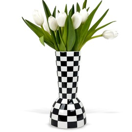 Ceramic Vase, Unique Black and White Round Flower Vase, Modern Wide Mouth Tall Funky Aesthetic Cool Vase for Rose Tulip Wicker Flowers Decorative Centerpieces Bathroom Living Room-Checkered Home Decor