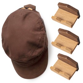 Rustic Wooden Hat Hooks – Beech & Walnut Adhesive Wall Hooks for Hats, Damage-Free Installation, Multi-Purpose Holder for Keys, Scarves, Sunglasses – Space-Saving & Easy to Install (Set of 4)