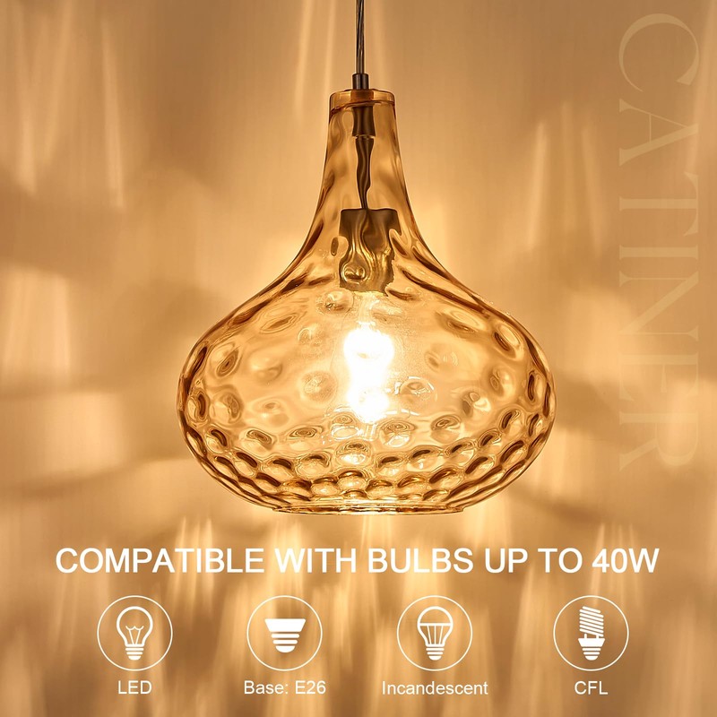 CATINER 11" Amber Hammered Glass Pendant Light, Blown Glass Hanging
