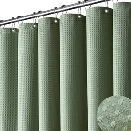 BTTN Waffle Shower Curtain, 180 x 200 cm, Anti-Mould, Heavy Waterproof Fabric, Textile Shower Curtain with 12 Hooks, Modern, Washable, Weighted, Decorative Polyester Shower Curtain for Bathtub, Green