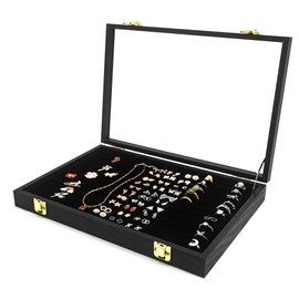 Hodeframe Ring Display Case, Pin Organizer Box,Ring Holder Organizer Box,Jewelry Box for Necklace,Ring and Pins with Real Glass Transparent Lid(100 Slots,Black)