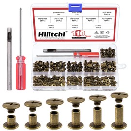 Hilitchi 110 Sets Bronze Chicago Screws Buttons Flat Head Screws Leather Rivets Carbon Steel Round Binding Screws Rivets Nail Rivets Leather Rivets with Mounting Tool (M5 x 4,5,6,8,10,12)